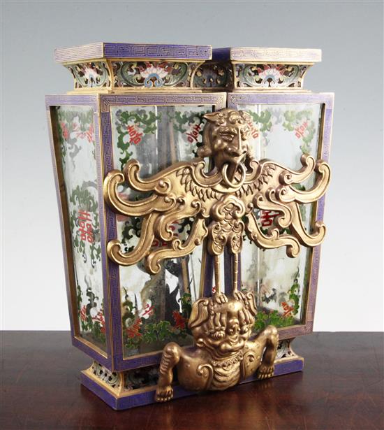 A Chinese gilt bronze and champlevé enamel champion lantern vase, engraved Qianlong mark but later, 31cm